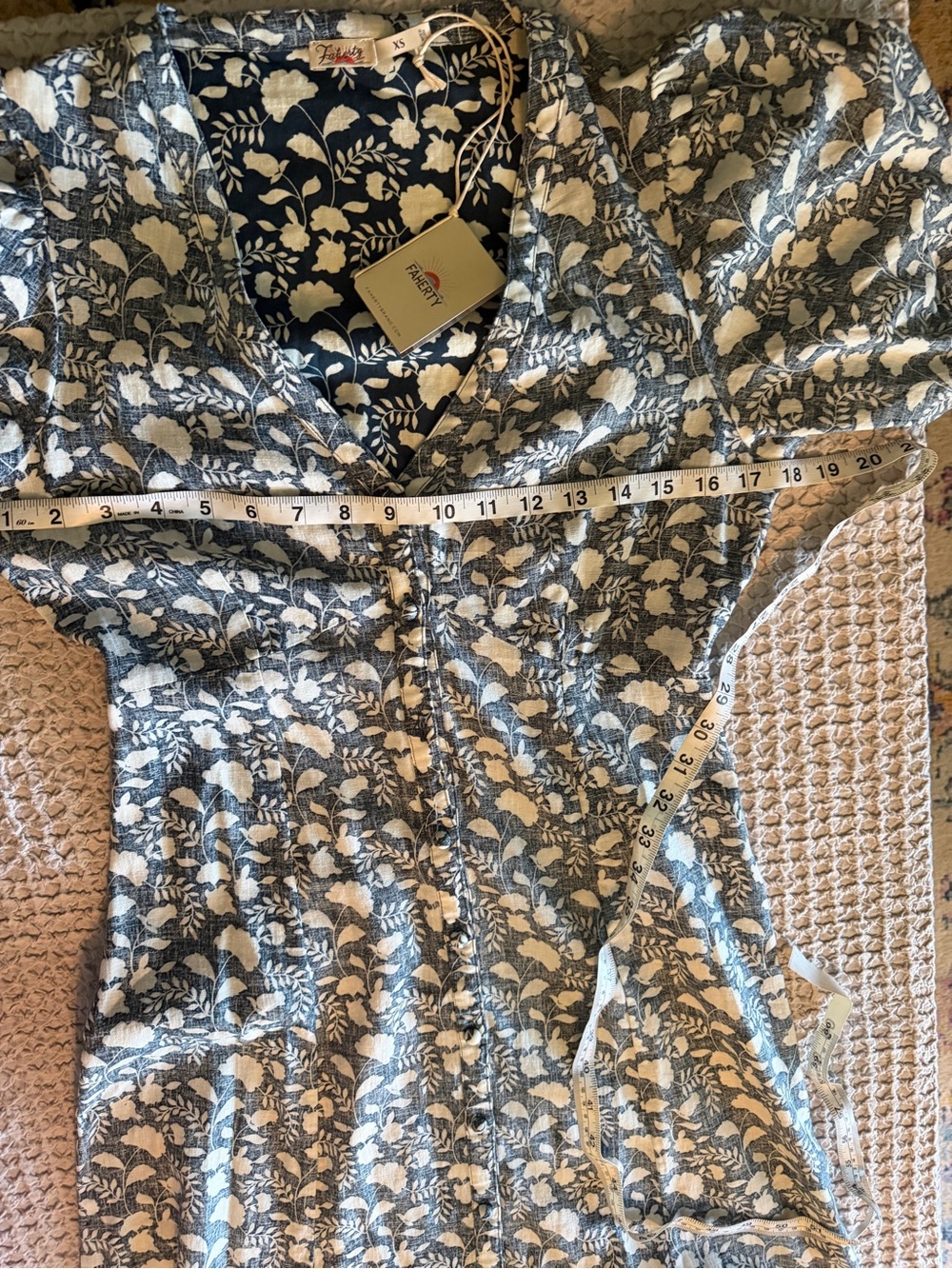 Faherty Havana Dress XS NWT Blue Ivory Floral Linen Blend Puff Sleeve Midi $198 - Picture 6 of 12